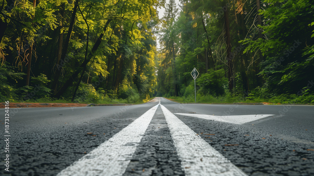 Fototapeta premium Business recovery concept and challenge to success idea. Future ahead from 2022 to 2030 with arrow on highway road and white marking lines in the forest