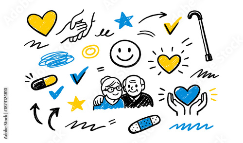 Doodle icons representing senior care, health, and well-being with hearts and hands
