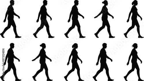 Silhouettes of Men and Women Walking in Sequence on White Background Keywords: silhouette, people, walking, movement
