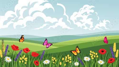 Vibrant meadow landscape vector illustration with colorful butterflies and wildflowers under a cloudy sky