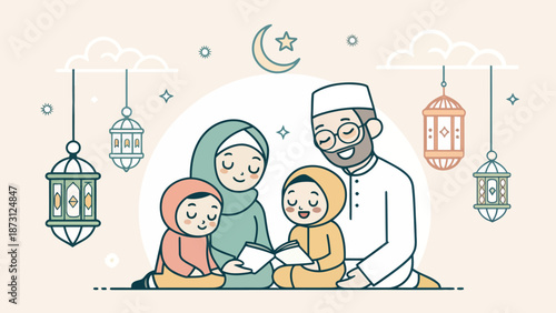Flat minimalist Islamic family illustration with lanterns and crescent moon for modern Ramadan design