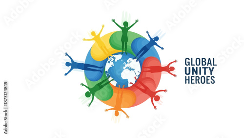Global Unity Heroes: Diverse people circle the earth, symbolizing connection