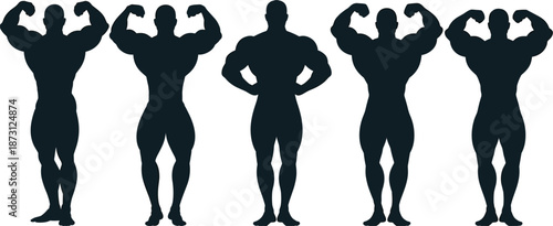 Silhouettes of muscular bodybuilders flexing muscles on a white background Keywords: silhouette, bodybuilder, muscular, muscle