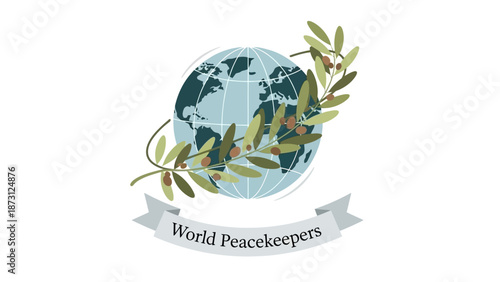World Peacekeepers Emblem: Globe with Olive Branch and Ribbon