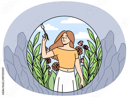 Woman draws beautiful nature around, creating favorable conditions or harmony for own life and comfort. Concept inner harmony and desire to make world better place or take care preserving environment