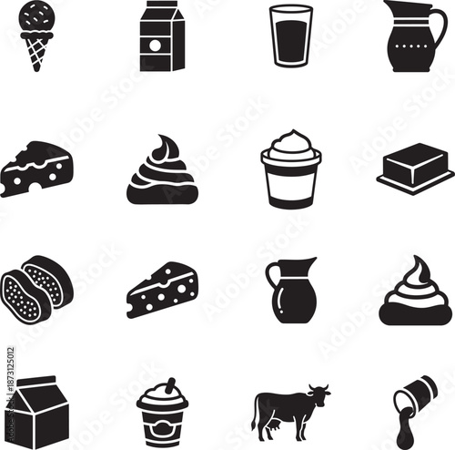 Dairy and Milk Products Silhouette icon collection. Includes Silhouette symbols milk, cheese, yogurt, cow, butter and more. Isolated icons. Dairy icon set. Minimalist icons pack.