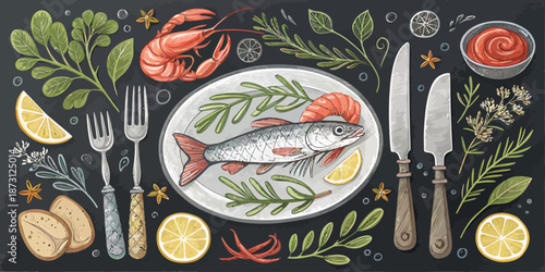 Artistic Chalkboard Illustration of Fresh Seafood Collection with Hand Drawn Fish for Culinary Design