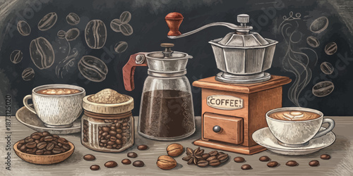 Hand drawn chalkboard illustration set of coffee bar elements and beverage equipment for cafe menu