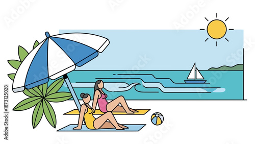 Summer Vacation Beach Scene with Two Women Sunbathing