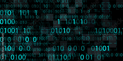 Blue Binary Data Software Programming Code Background. LLM GPT Tech Concept. Digital Data Technology. 1 0 Machine Code. Random Binary Data Matrix Wide Vector Illustration.