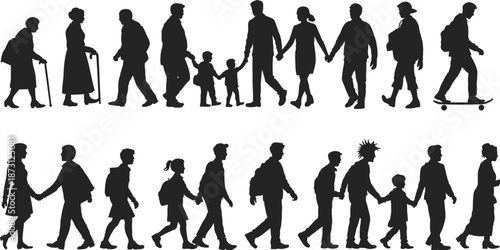 Silhouettes of people of different ages and styles walking together Keywords: people, family, children, adults, elderly, walking