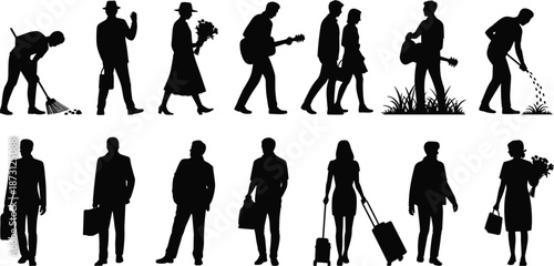 Silhouettes of people engaged in various activities on white background woman activity