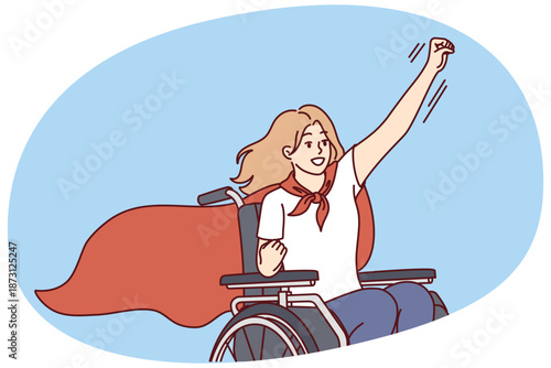 Woman with wheelchair in superhero cape symbolizes determination to overcome difficulties. Girl rides in wheelchair and feels strong and healthy despite health problems after car accident