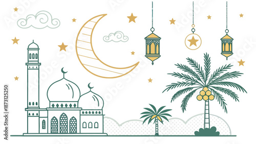 Minimalist Line Art Ramadan Illustration with Limited Colors Showing a Devout Family Scene