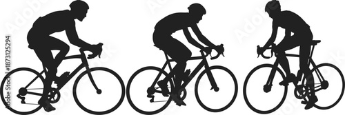 Silhouettes of three cyclists in motion on white background Keywords: cyclists, cycling, bicycle, sport, race, road bike