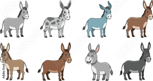 Cute cartoon donkey character set with different colors, farm animal vector illustration collection