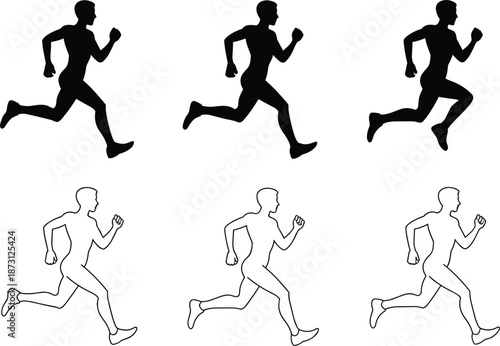 Six Silhouettes of a Runner in Black and White Outline Formats Keywords: running, runner, athlete, sport, fitness, exercise