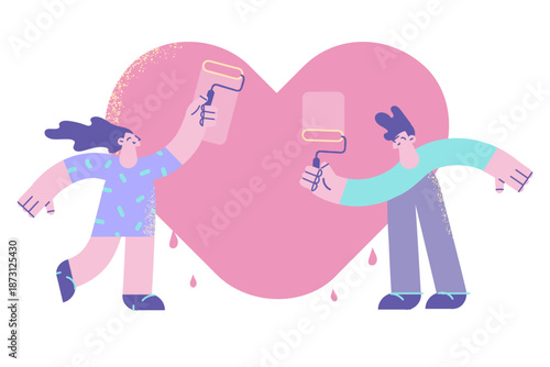 Happy couple draw heart on wall show love