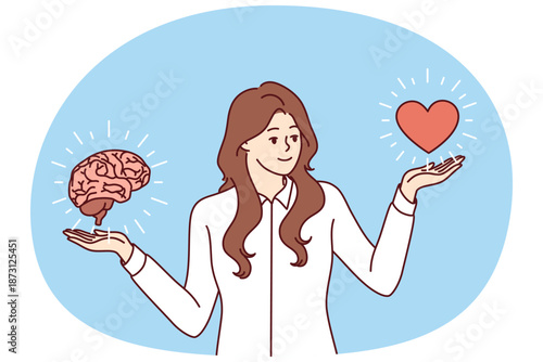 Woman maintains balance in career and personal life by standing near heart with brain and trying to live in harmony. Businesswoman observes balance, choose between romance or career
