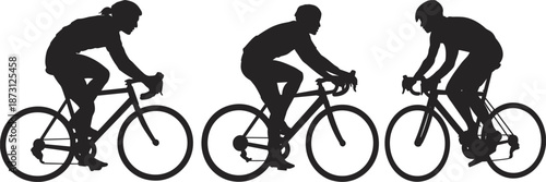 Silhouettes of Three Cyclists Riding Bicycles in Profile on White Background cycling bike