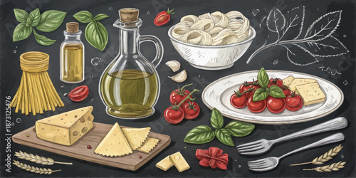 Hand-Drawn Italian Food Menu Elements on Chalkboard, Vector Illustration Set for Pizzeria, Trattoria, and Mediterranean Kitchen Decor