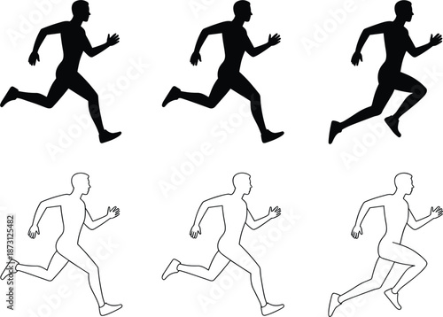 Six Silhouettes of a Runner in Black and White Outline Formats Keywords: running, runner, athlete, sport, fitness, exercise