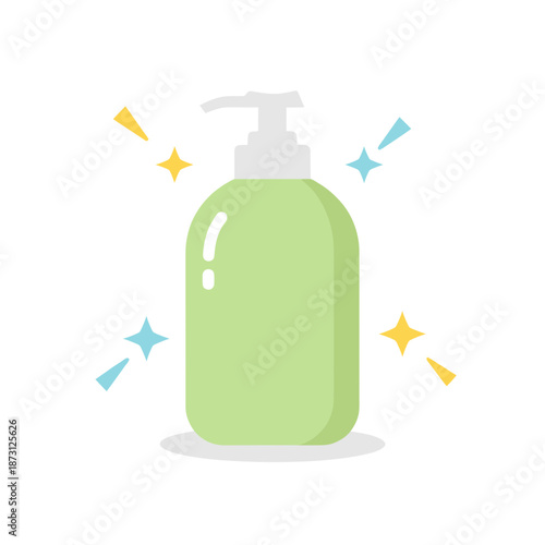 Clean Green Pump Bottle with Sparkles Flat Vector Icon