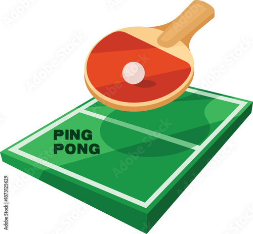 table tennis tournament illustration ping pong racket and ball hovering above green sport court