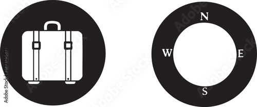 Travel & Navigation Icons – Bold Silhouette Vector Set Featuring Suitcase and Compass for Lifestyle Branding & UI Design