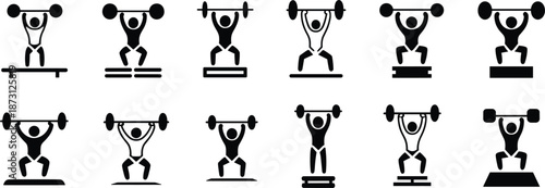 Weightlifter Icons Set Silhouette of Athletes Lifting Barbell weightlifting