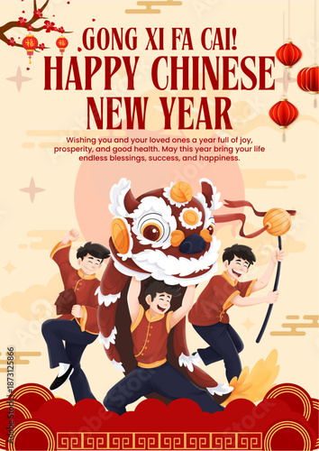 Colorful Chinese New Year illustration featuring a joyful lion dance performance with young performers in traditional costumes