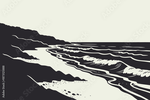 High-contrast woodcut illustration of ocean waves breaking on a rugged coastal beach line.