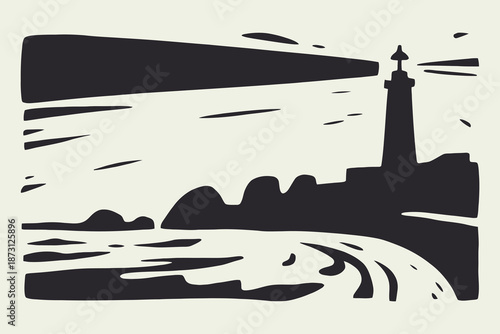 Vintage Woodcut Style Illustration of a Coastal Lighthouse Beacon Illuminating the Turbulent Ocean
