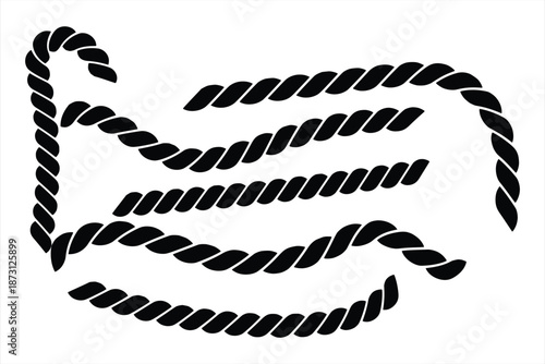 This is a minimalist, black-and-white graphic depicting multiple segments of twisted rope. The pieces are arranged in an abstract design with curves and straight sections, suggesting a loose bundle 