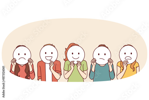 Group of people hide emotions by showing different emoticons with different mental moods. Focus group of men and women demonstrating feedback about product or service during market research