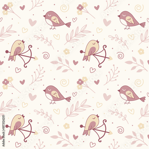 Seamless pattern with romantic birds, hearts and floral elements