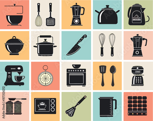 Colorful grid of twenty kitchen utensil and appliance illustrations in retro minimalist style, showcasing culinary tools for cooking and design