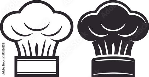 Contrasting chef hat illustrations in black and white, showcasing traditional toque blanche design for culinary branding, logos, and hospitality identity