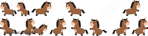 Cute cartoon horse character set with playful running and jumping poses, adorable animal vector illustration