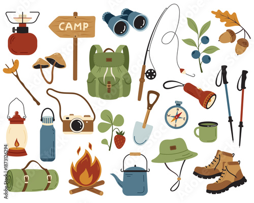 Set of camping and hiking elements. Flat vector illustration of outdoor adventure equipment. Camping accessories isolated on white background. Travel, outdoor recreation and tourism design elements.