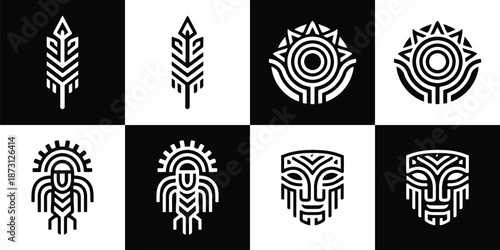 Vector Set of 4 Black and White of Ethnic Tribal Symbols, featuring Feather, Sun, Deity, and Mask Logos