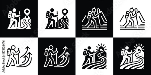Vector Set of 4 Black and White of Hiking, Mountain Climbing, Trekking, and Adventure Icons\