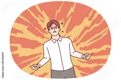 Angry businessman clenching fists standing in flames and feeling hatred and aggression. Angry male manager suffering from anger due to slowness of colleagues or mistakes of subordinates