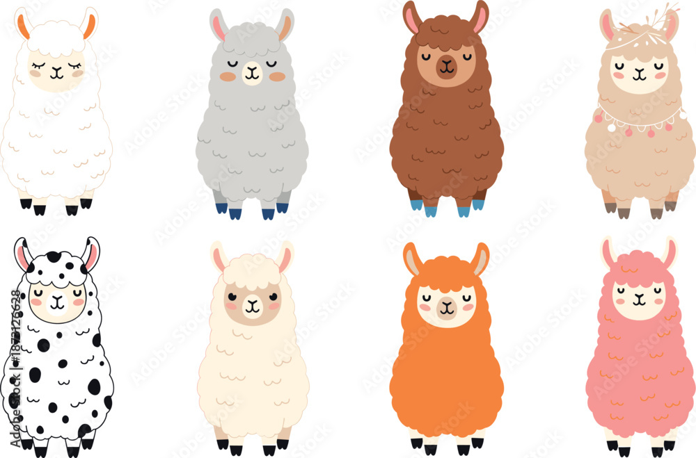 Fototapeta premium Cute cartoon llama and alpaca character set with colorful fur patterns, adorable animal vector illustration