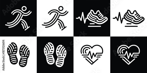 Vector Set of 4 Black and White of Running, Heartbeat, Shoe, and Footprint Icons
