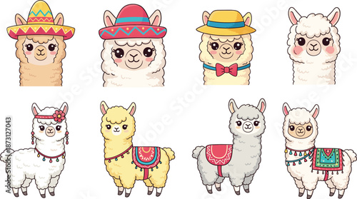 Cute cartoon llama character faces and full body set with festive accessories, adorable animal vector illustration