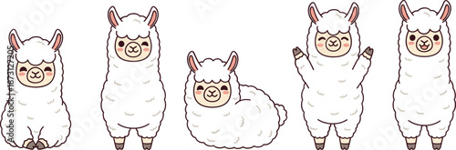 Cute cartoon llama character set with fluffy poses, adorable animal mascot vector illustration