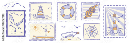 Vintage nautical postage stamps set with lighthouse, seagull, life preserver, bottle with a message, compass and marine symbols. Retro collection of hand drawn illustrations blue ink.