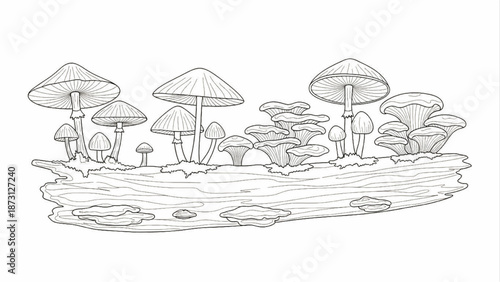 Minimalist Wild Mushroom and Fungi Line Art Vector, Botanical Fungi Collection on Log Outline for Forest Nature Illustration