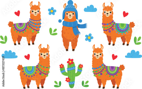 Cute cartoon llama character set with winter outfit and decorative blankets, colorful animal vector illustration